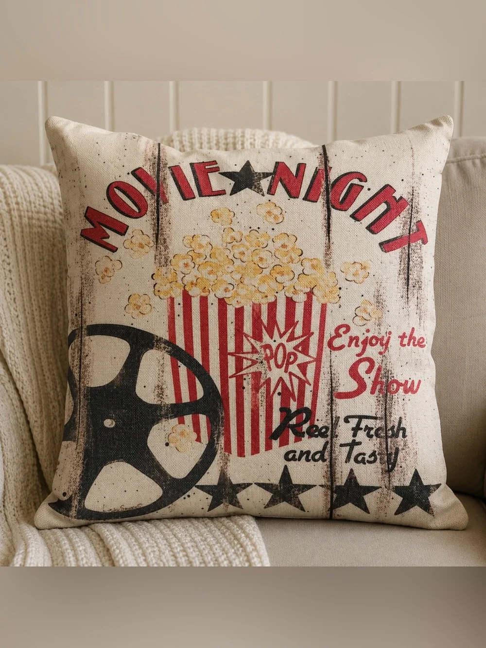 Movie Night Throw Pillow Covers Set of Four in Cream Black and Red
